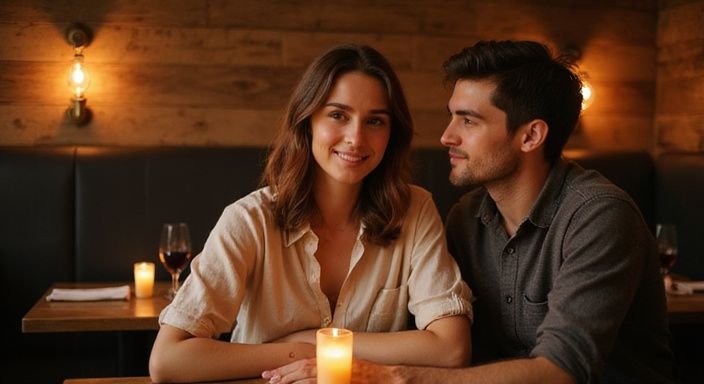 Erfolgreiches Date: Ein junges Paar genießt entspanntes Gespräch in einem rustikalen Restaurant.