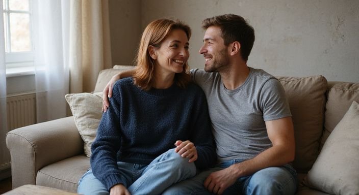 Eine Frau und ein Mann sitzen eng und lächeln freundlich auf einem Sofa.