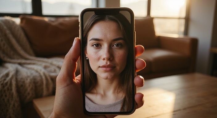 Ein Smartphone zeigt das Profilbild einer entspannten jungen Frau.