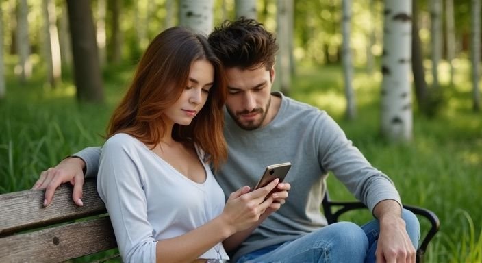 Ein Paar betrachtet konzentriert ein Dating-Profil auf ihrem Smartphone.