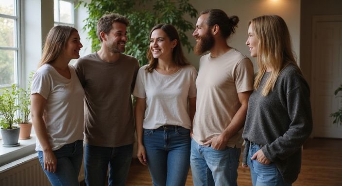 Fünf Erwachsene stehen entspannt zusammen und suchen swingers sexkontakte.