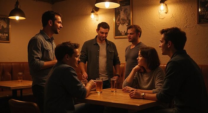 Eine Gruppe von Erwachsenen genießt angeregte Gespräche über swingers sexkontakte in einem gemütlichen Club.