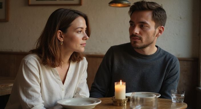 Ein Paar sitzt in einem gemütlichen Restaurant am Tisch. Ein Paar sitzt in einem gemütlichen Restaurant am Tisch.