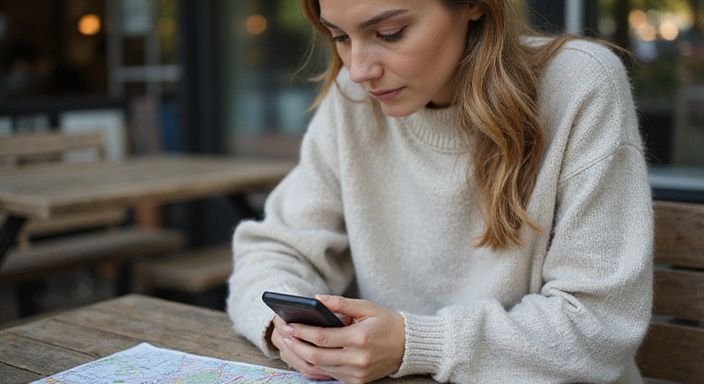 Eine Frau konzentriert sich auf ihr Smartphone neben einer Straßenkarte und suche erotisch kontakt und sextreffen in Basel.