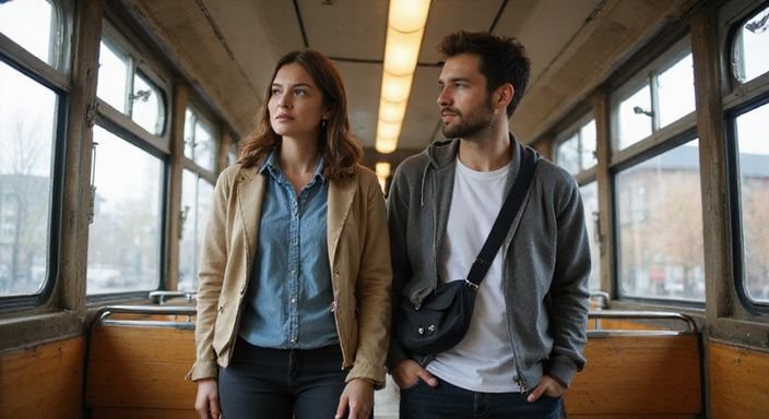 Ein Paar betritt nachdenklich eine Straßenbahn in Basel. Ein Paar betritt nachdenklich eine Straßenbahn in Basel.