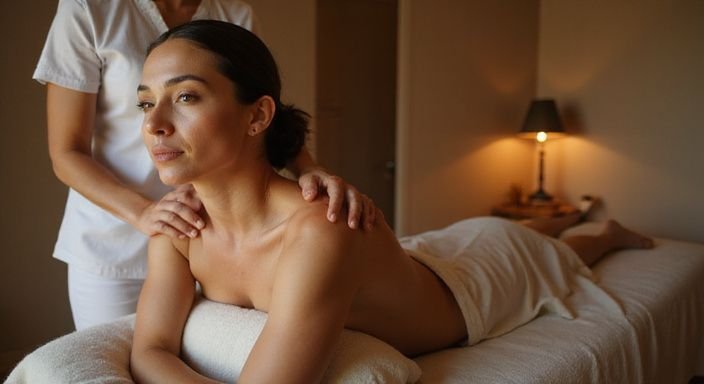 Eine Frau erhält eine entspannende Massage in einem ruhigen Raum. Eine Frau erhält eine entspannende Massage in einem ruhigen Raum.