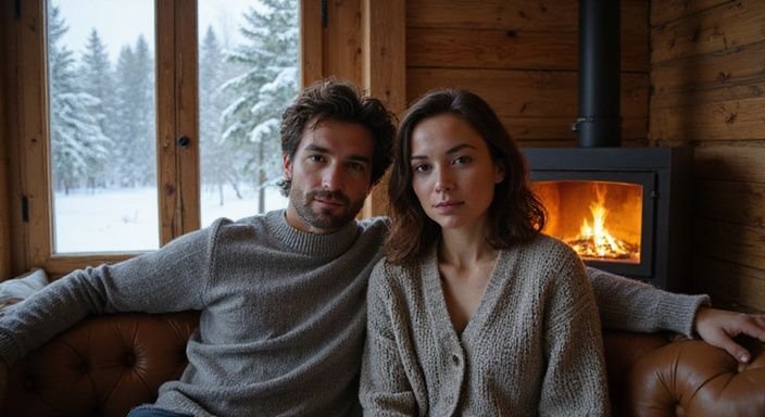 Ein Paar entspannt in einer holzigen Berghütte am Kamin.