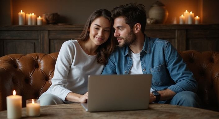Ein Paar sitzt nahe beieinander auf einer Ledercouch und wollen erotisch kontakt und sextreffen in Graubünden.