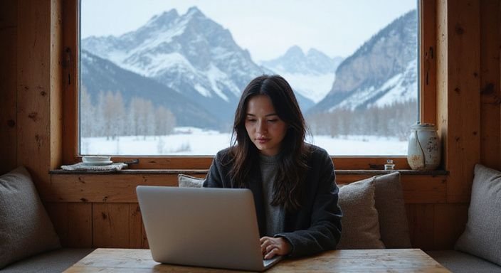 Eine Frau arbeitet konzentriert an ihrem Laptop in einem Chalet und suche erotisch kontakt und sextreffen in Graubünden.