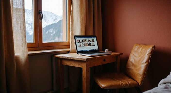 Gemütliches Schlafzimmer in Graubünden mit Laptop und Bergblick.