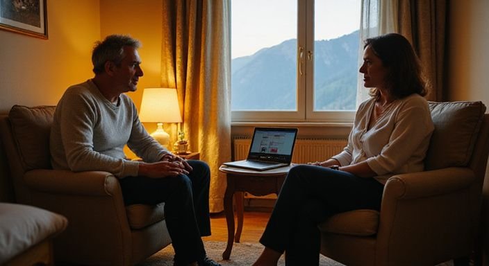 Zwei Personen in einem Hotelzimmer diskutieren über erotisch kontakt und sextreffen in Graubünden an einem Tisch