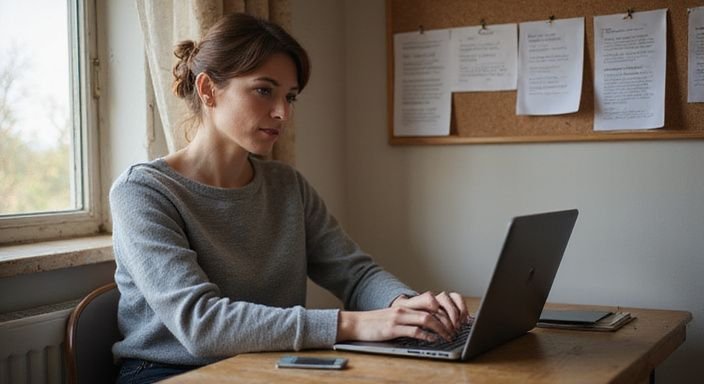 Eine Frau arbeitet konzentriert an ihrem Laptop und suche erotisch kontakt und sextreffen in Graubünden.
