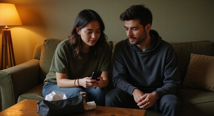 Ein junges Paar entspannt sich auf einem Sofa und nutzt Smartphones.