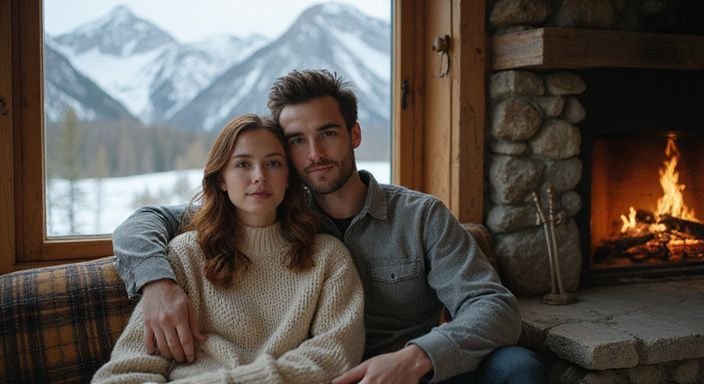 Ein Paar sitzt entspannt auf einer Couch in einem Chalet