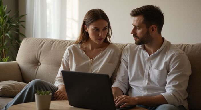 Ein Paar führt ein Gespräch über erotisch kontakt und sextreffen in Luzern am Tisch mit einem Laptop