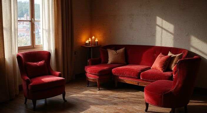 Elegantes erotisches Studio mit roten Samtmöbeln und warmen Akzenten.