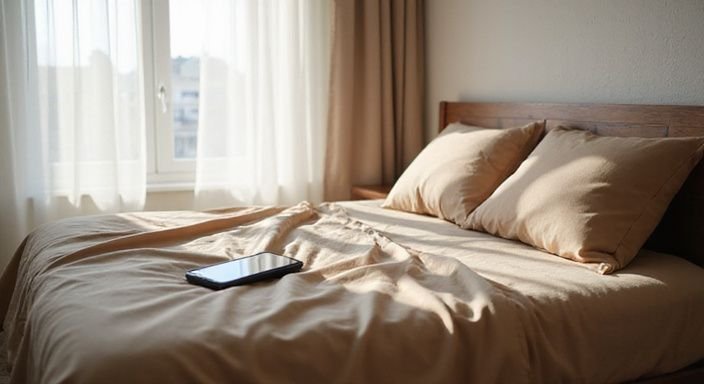 Ein elegantes Schlafzimmer mit einem Smartphone auf einem luxuriösen Bett.