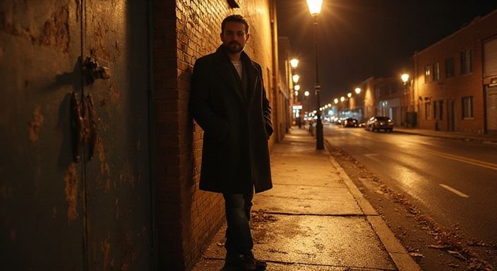 Ein Mann in einem dunklen Mantel steht entspannt in einer urbanen Straße und wollen erotisch kontakt und sextreffen in Luzern.