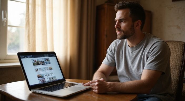 Eine Person sitzt entspannt an einem Tisch mit einem Laptop und suche erotisch kontakt und sextreffen in Luzern.