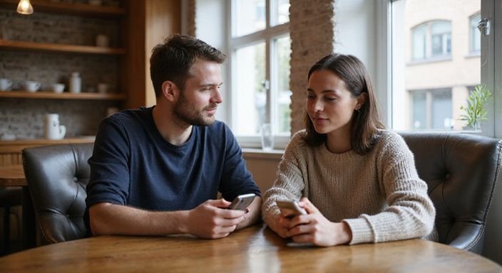 Ein Paar sitzt entspannt in einem Café und schaut auf Handys.