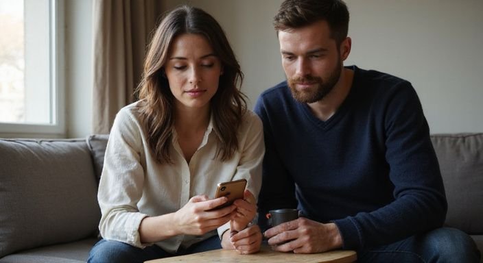 Ein Paar sitzt lässig in einem Wohnzimmer und nutzt seine Smartphones.