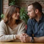 Ein Paar in einem Café, tief in ein Gespräch vertieft