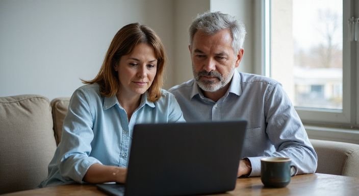 Ein mittleres Paar sitzt entspannt zusammen und betrachtet einen Laptop. Ein mittleres Paar sitzt entspannt zusammen und betrachtet einen Laptop.