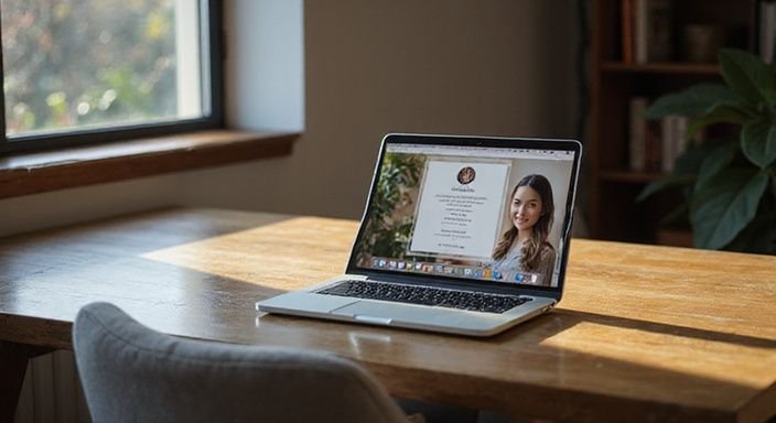 Ein offenes Laptop zeigt ein Dating-Profil auf einem Schreibtisch. Ein offenes Laptop zeigt ein Dating-Profil auf einem Schreibtisch.