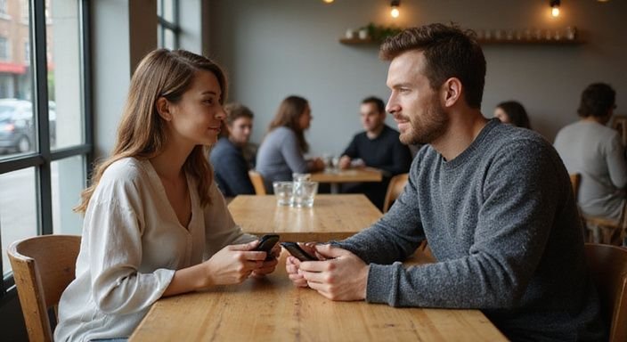 Ein Paar tauscht Kontaktdaten in einem gemütlichen Café aus. Ein Paar tauscht Kontaktdaten in einem gemütlichen Café aus.