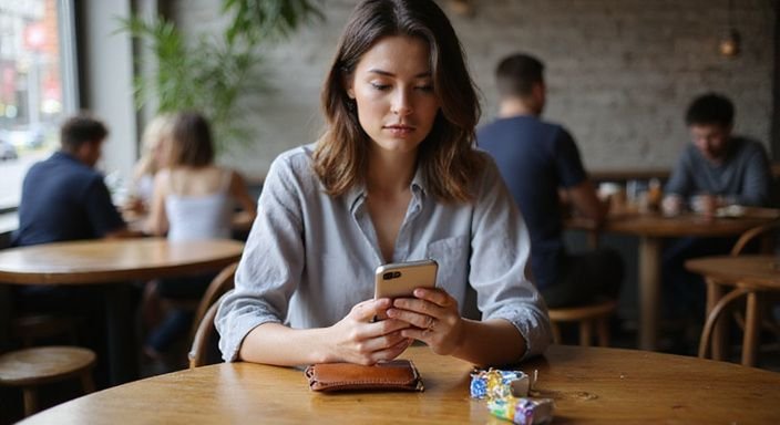 Eine Frau in einem Café, konzentriert auf ihr Smartphone. Eine Frau in einem Café, konzentriert auf ihr Smartphone.