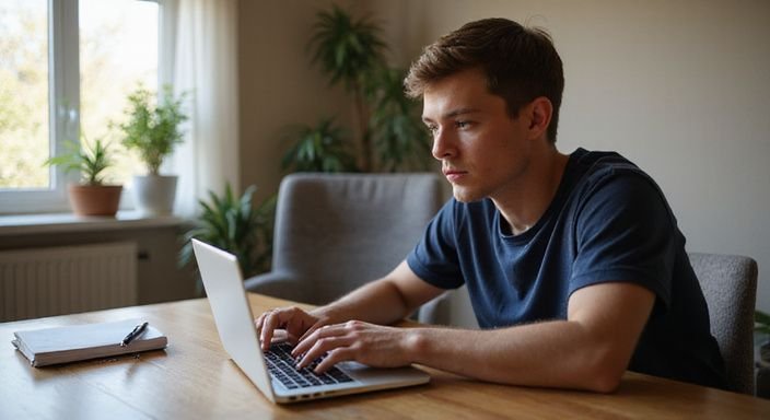 Junge Erwachsene kommunizieren konzentriert am Laptop in ruhiger Umgebung. Junge Erwachsene kommunizieren konzentriert am Laptop in ruhiger Umgebung.