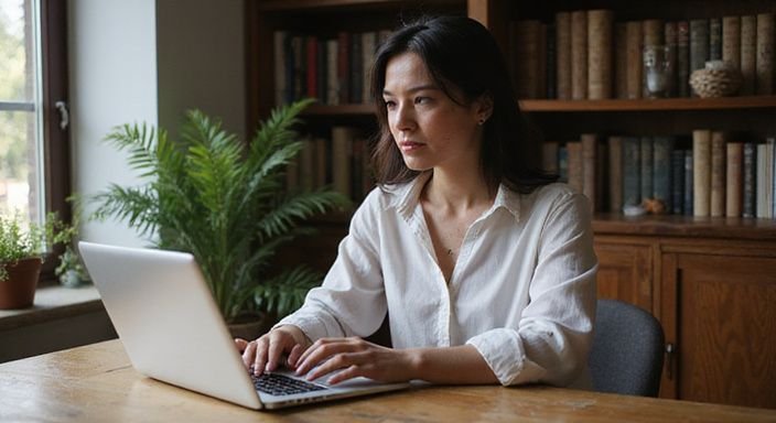 Eine konzentrierte Frau arbeitet an einem Laptop an ihrem Schreibtisch. Eine konzentrierte Frau arbeitet an einem Laptop an ihrem Schreibtisch.