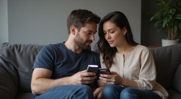 Ein Paar in einem gemütlichen Wohnzimmer nutzt eine Dating-App. Ein Paar in einem gemütlichen Wohnzimmer nutzt eine Dating-App.