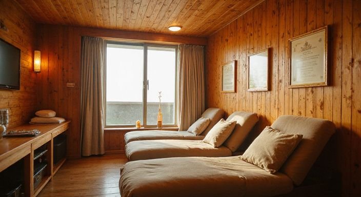 Elegantes Sauna-Club-Interieur mit luxuriösen Lounges und professionellem Personal.