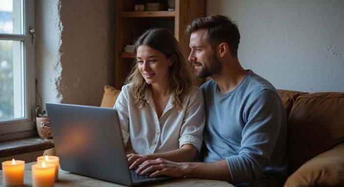 Ein Paar sitzt entspannt auf einem Ledersofa in ihrer Wohnung.