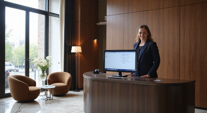 Elegante Hotellobby in Bern mit hochwertiger Einrichtung und freundlicher Rezeptionistin.