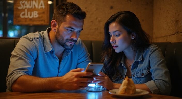 Ein Paar in einem Restaurant nutzt eine Dating App für flirt kontakt en sextreffen in Bern