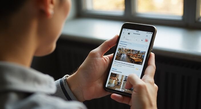 Eine Person nutzt aufmerksam ihr Smartphone mit einem sicheren Online-Dienst.