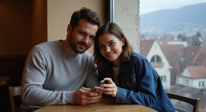 Ein Paar sitzt lächelnd an einem Tisch in einem Café