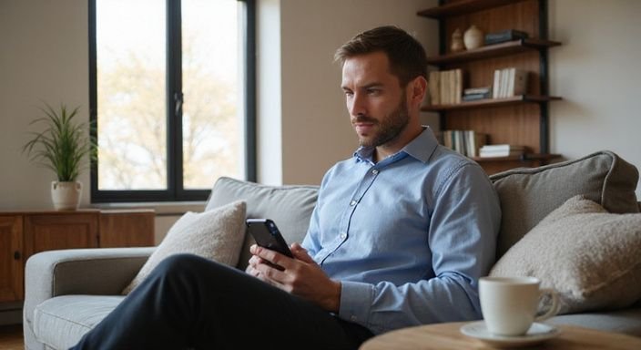 Ein Mann sitzt entspannt auf einem Sofa mit Smartphone und suche flirt kontakt en sextreffen in Bern.