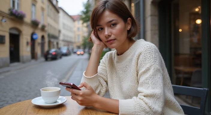Eine junge Frau sitzt an einem Tisch und scrollt auf ihrem Smartphone.