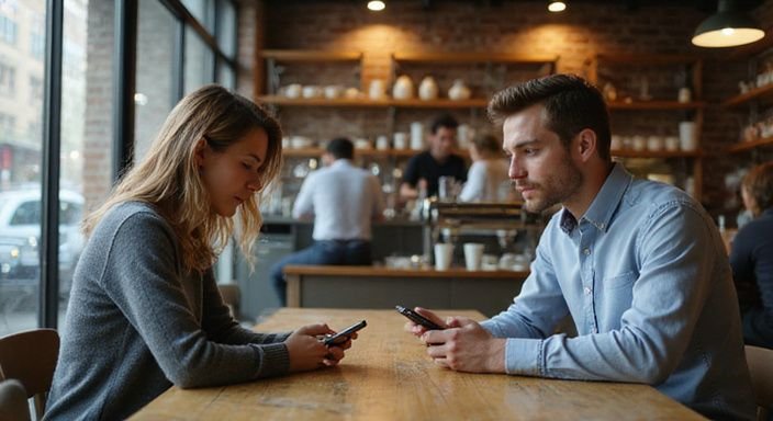 Eine junge Frau und ein Mann interagieren in einem Kaffeehaus.
