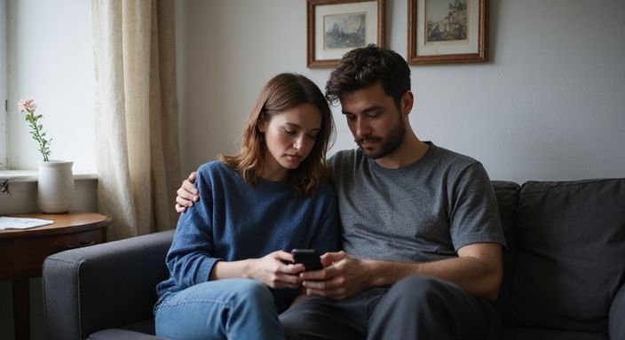 Ein Paar sitzt auf einem Sofa und nutzt Smartphones.