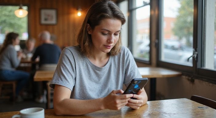 Eine Frau sitzt entspannt in einem Café und schaut auf ihr Smartphone.
