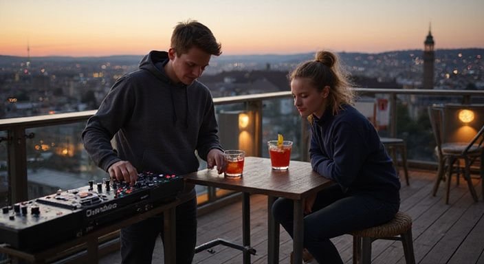 Eine entspannte Rooftop-Bar-Szene mit DJ und Cocktails in Zürich.