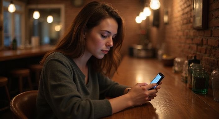 Eine Frau sitzt allein an einer Bar und scrollt durch WhatsApp und suche ein flirt kontakt in Zürich.