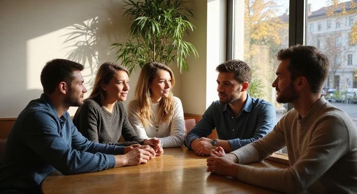 Junge Erwachsene genießen lebhafte Gespräche über flirt kontakt in Zürich in einem gemütlichen Restaurant.