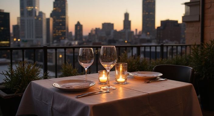 Gemütliches Dachrestaurant für zwei mit urbaner Aussicht und eleganter Atmosphäre.