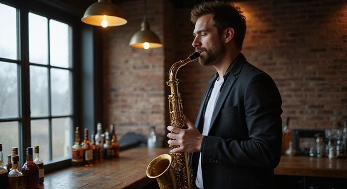 Ein Musiker spielt entspannt Saxophon in einer gemütlichen Jazzbar.