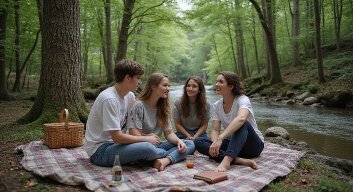 Gruppe junger Erwachsener genießt ein Picknick im Sihlwald.